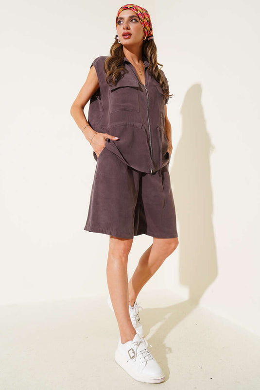 Zweiteiliges Set mit Kordelzug in der Taille und Weste, Farbe Nerz