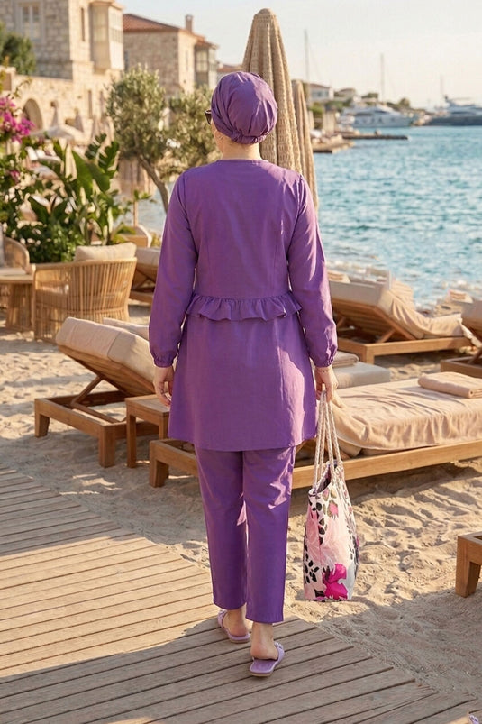Belden Ruffled Front Zipper Detailed Three-Piece Swimsuit Set Lilac