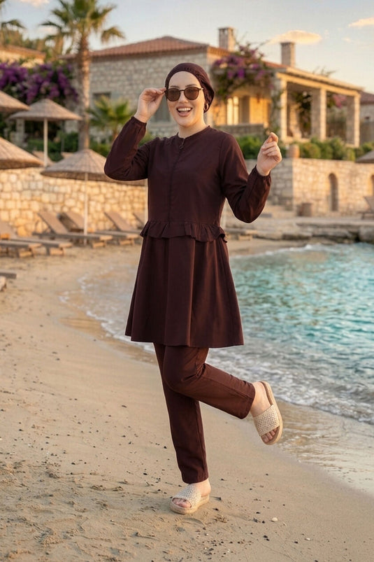 Ensemble de maillots de bain trois pièces Belden avec volants et fermeture éclair à l'avant, couleur prune
