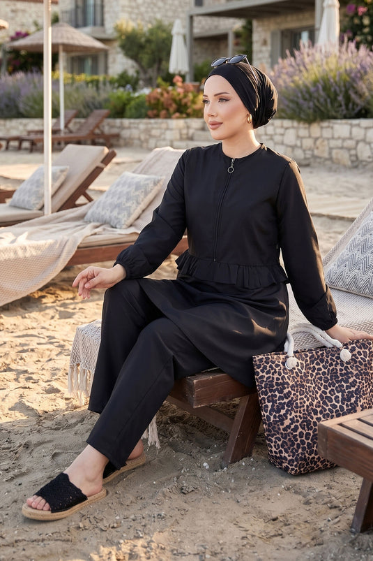 Ensemble de maillots de bain trois pièces Belden avec volants et fermeture éclair à l'avant, noir