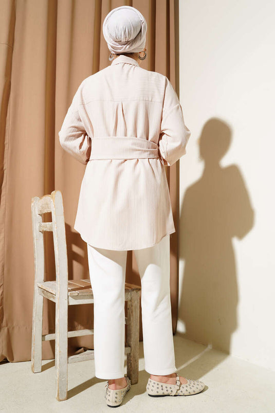 Belden Kuşak Bağlamalı Gömlek Bej