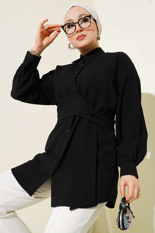 Belden Kuşak Bağlamalı Gömlek Siyah