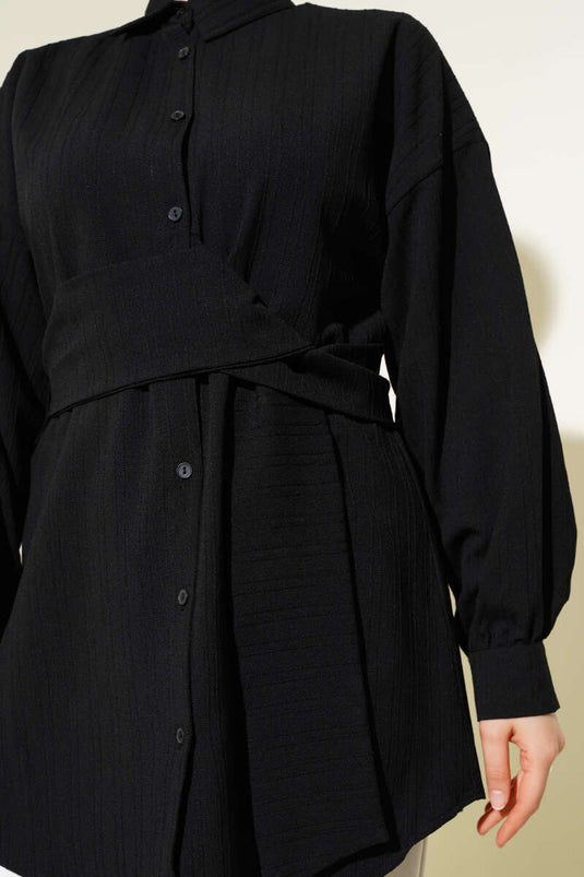 Belden Kuşak Bağlamalı Gömlek Siyah