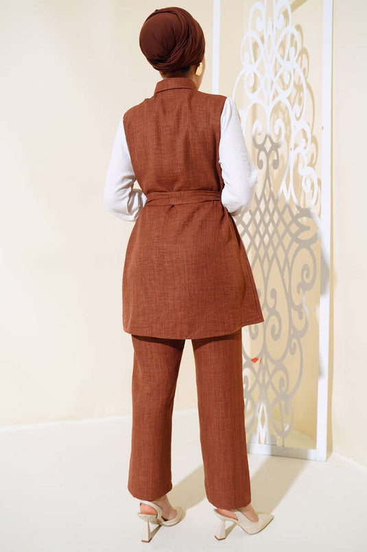 Costume Double Garni Ceinturé à La Taille Marron