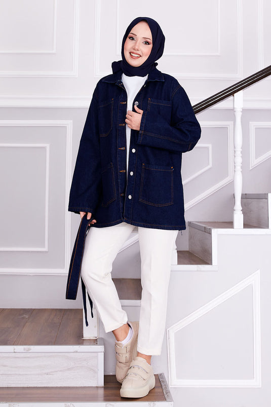 Veste en jean avec ceinture amovible à la taille bleu marine