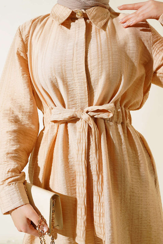 Belden Tünel Bağlamalı Uzun Tunik Bej