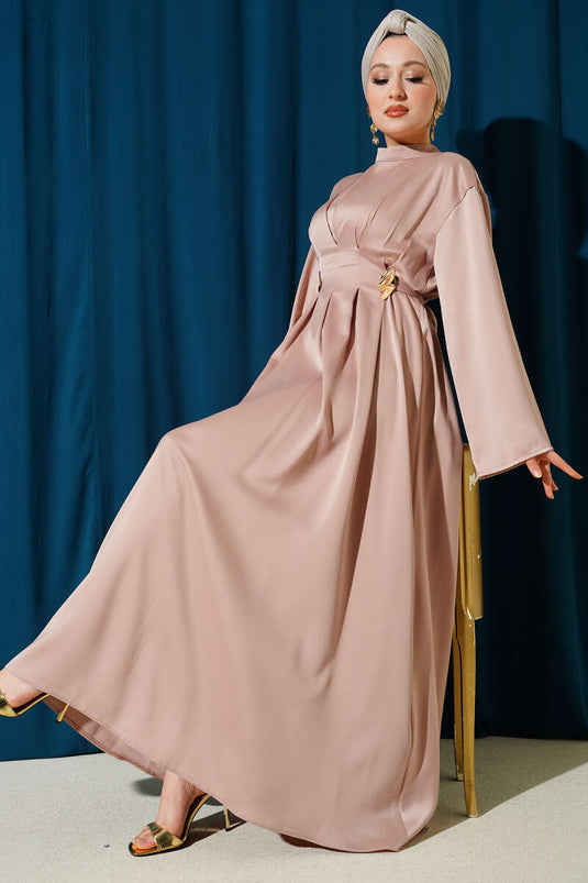 Koop feestjurk met accessoires en strik in beige