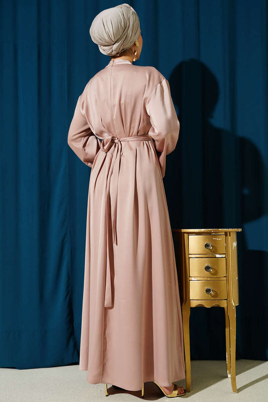 Beli Aksesuarlı Bağlamalı Abiye Elbise Bej