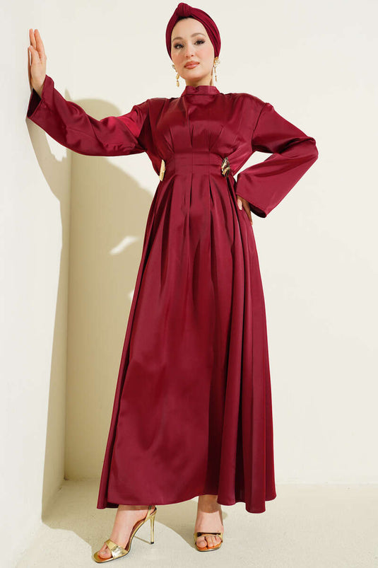 Beli Aksesuarlı Bağlamalı Abiye Elbise Bordo