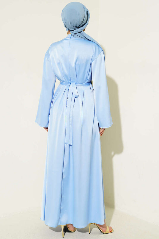 Beli Aksesuarlı Bağlamalı Abiye Elbise Mavi