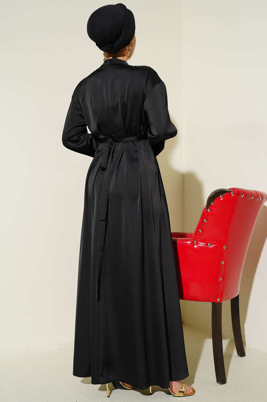 Beli Aksesuarlı Bağlamalı Abiye Elbise Siyah