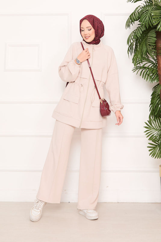 Adjustable Waist Pocket Detailed Hijab Two Piece Set Beige