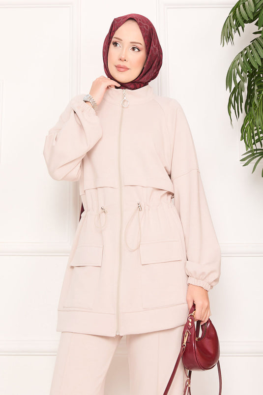 Adjustable Waist Pocket Detailed Hijab Two Piece Set Beige