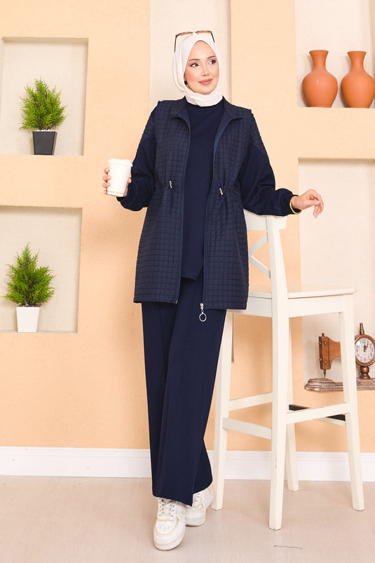 Beli Ayarlanabilir Kapitone Yelekli Üçlü Tesettür Takım Lacivert
