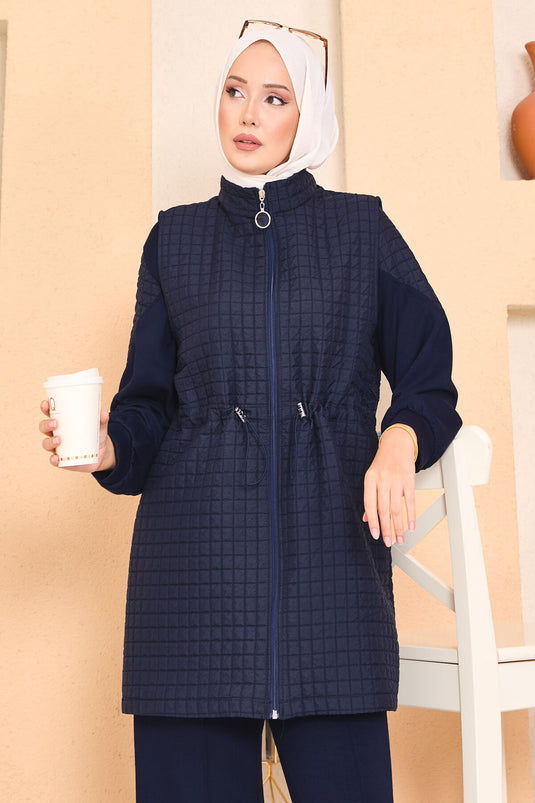 Beli Ayarlanabilir Kapitone Yelekli Üçlü Tesettür Takım Lacivert