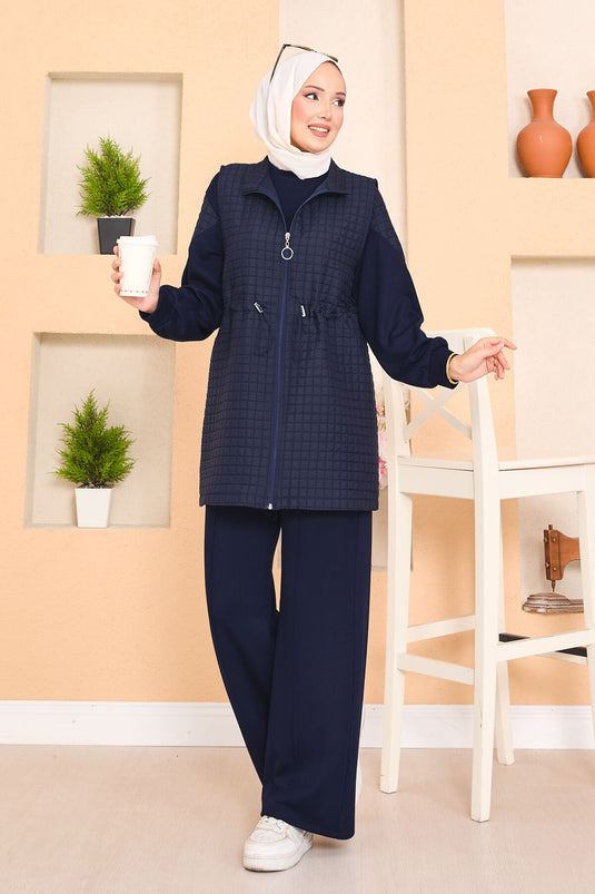 Beli Ayarlanabilir Kapitone Yelekli Üçlü Tesettür Takım Lacivert