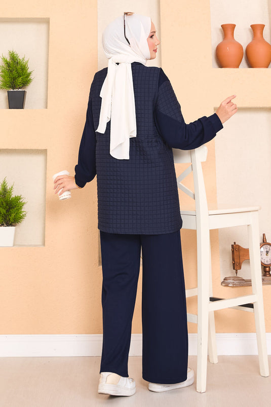 Beli Ayarlanabilir Kapitone Yelekli Üçlü Tesettür Takım Lacivert