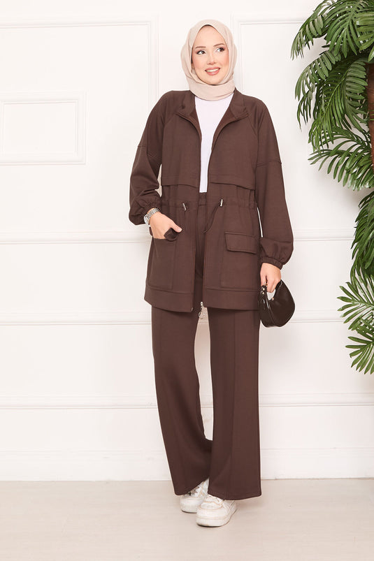 Beli Ayarlanabilir Cep Detaylı Tesettür İkili Takım Kahve