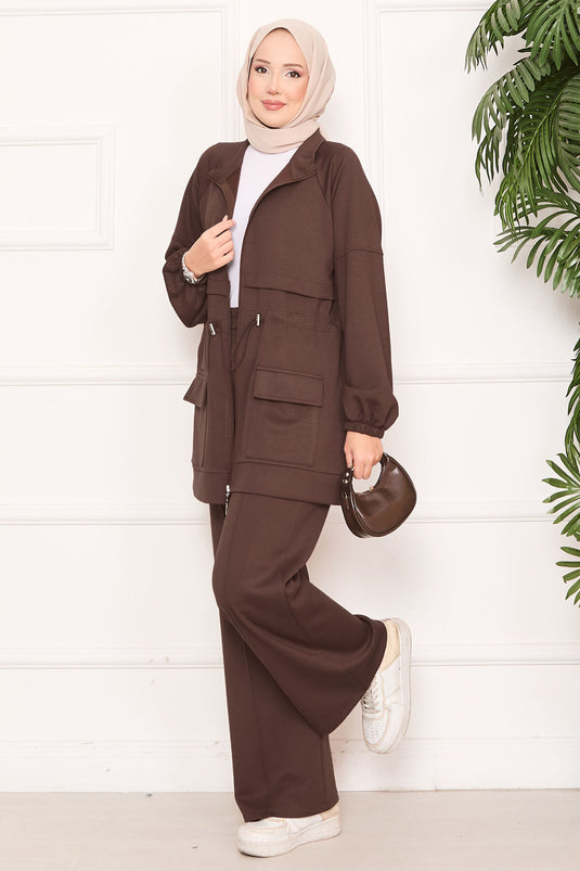 Beli Adjustable Pocket Detailed Modest Two-Piece Set Brown