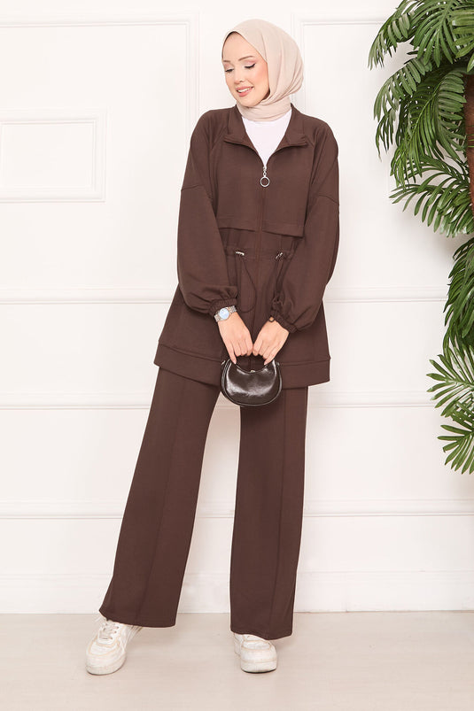 Beli Ayarlanabilir Cep Detaylı Tesettür İkili Takım Kahve