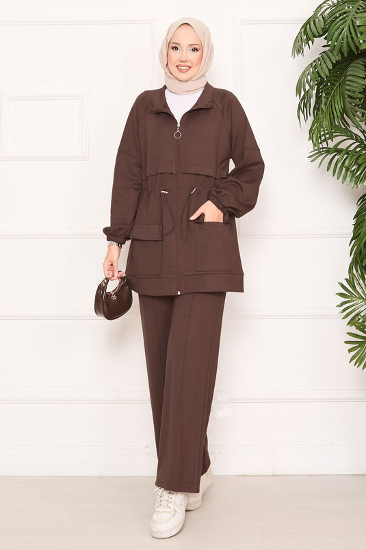 Beli Ayarlanabilir Cep Detaylı Tesettür İkili Takım Kahve