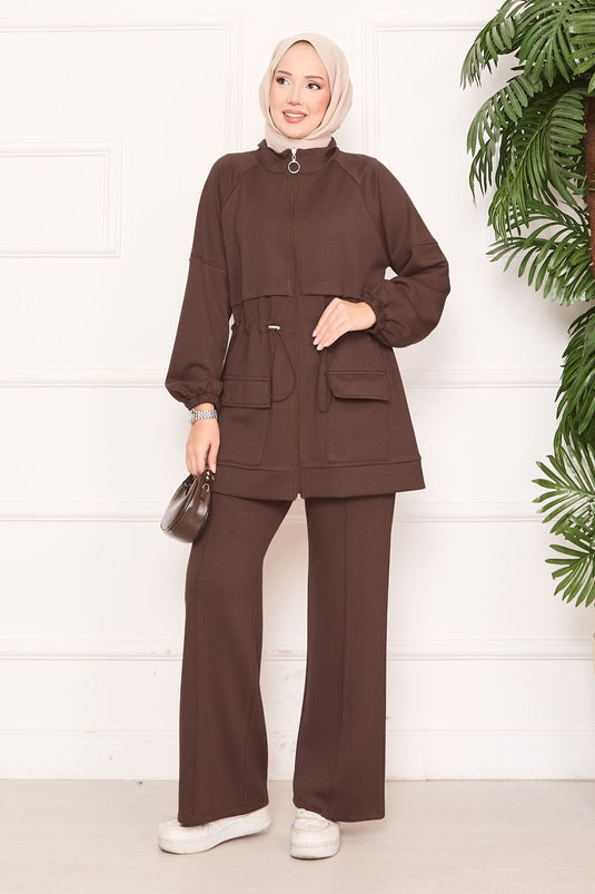 Beli Ayarlanabilir Cep Detaylı Tesettür İkili Takım Kahve