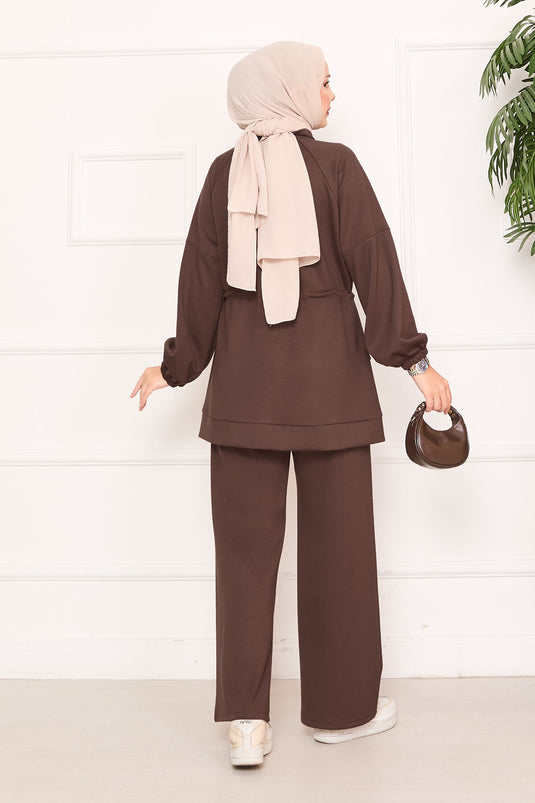 Beli Ayarlanabilir Cep Detaylı Tesettür İkili Takım Kahve