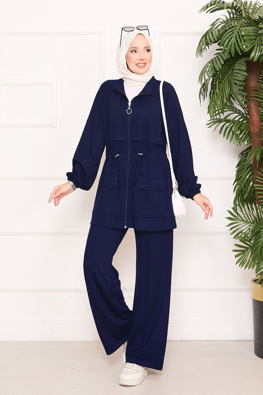 Beli Ayarlanabilir Cep Detaylı Tesettür İkili Takım Lacivert
