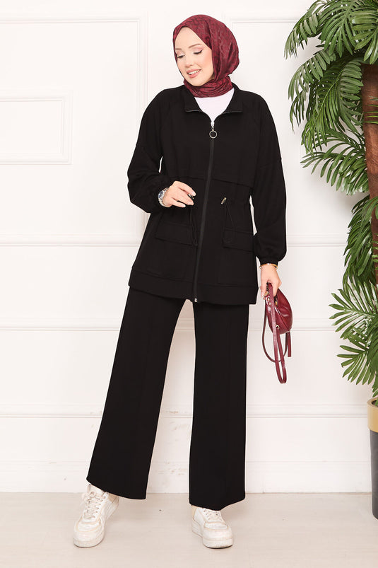 طقم حجاب مكون من قطعتين مع جيب خصر قابل للتعديل باللون الأسود