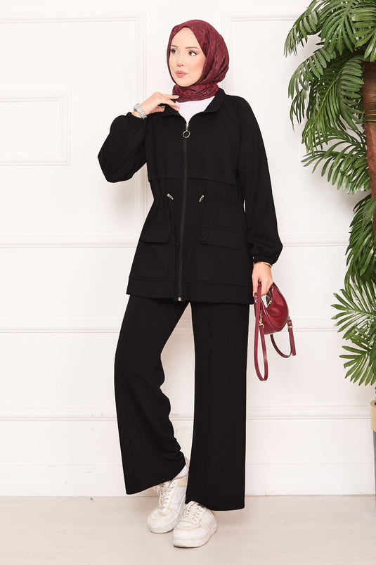 طقم حجاب مكون من قطعتين مع جيب خصر قابل للتعديل باللون الأسود