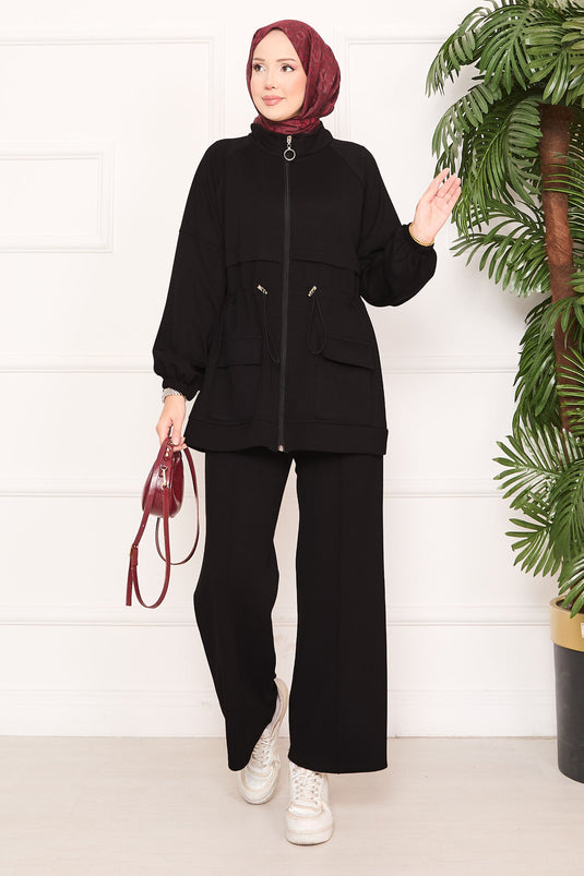 طقم حجاب مكون من قطعتين مع جيب خصر قابل للتعديل باللون الأسود