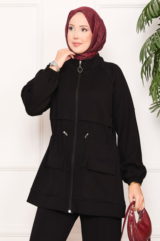 طقم حجاب مكون من قطعتين مع جيب خصر قابل للتعديل باللون الأسود
