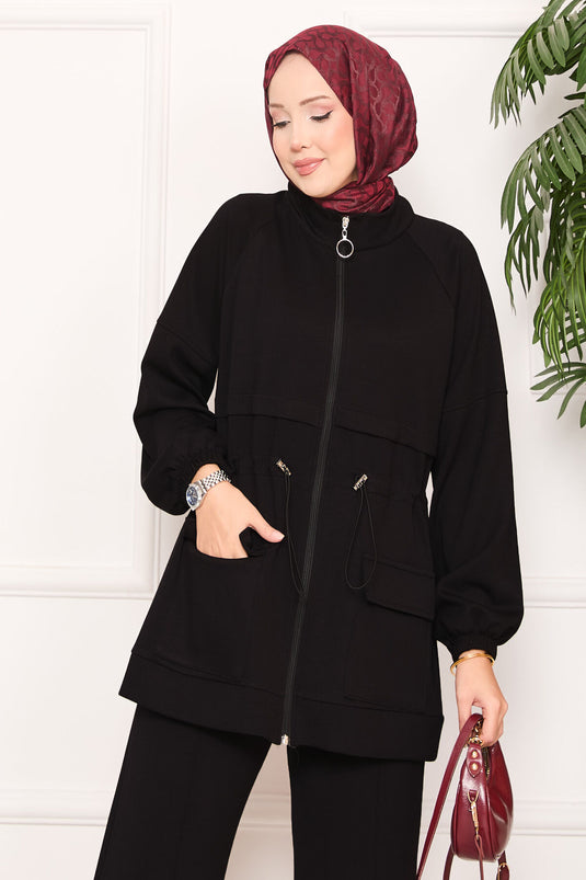 طقم حجاب مكون من قطعتين مع جيب خصر قابل للتعديل باللون الأسود