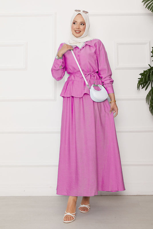 Two-Piece Strawberry Suit with Waist Tie Detail and Skirt in Pink