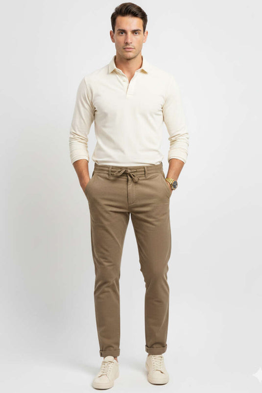 بنطال مخملي بخصر برباط، بيج