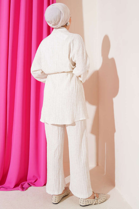 Beli Bağcıklı Önü Tahta Düğmeli İkili Takım Bej