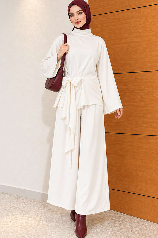 Belted Basic Two-Piece Set In Ecru