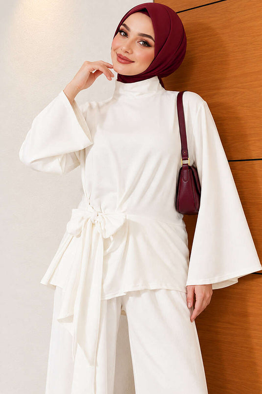 Belted Basic Two-Piece Set In Ecru