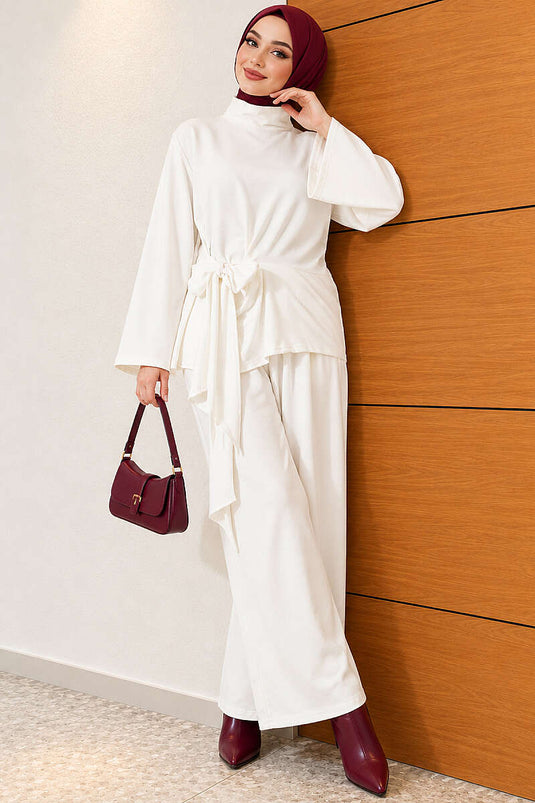 Belted Basic Two-Piece Set In Ecru