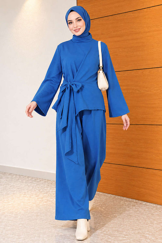 Belted Basic Two-Piece Set In Blue