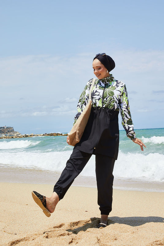 Maillot de bain hijab à motifs floraux avec taille plissée et couleur kaki