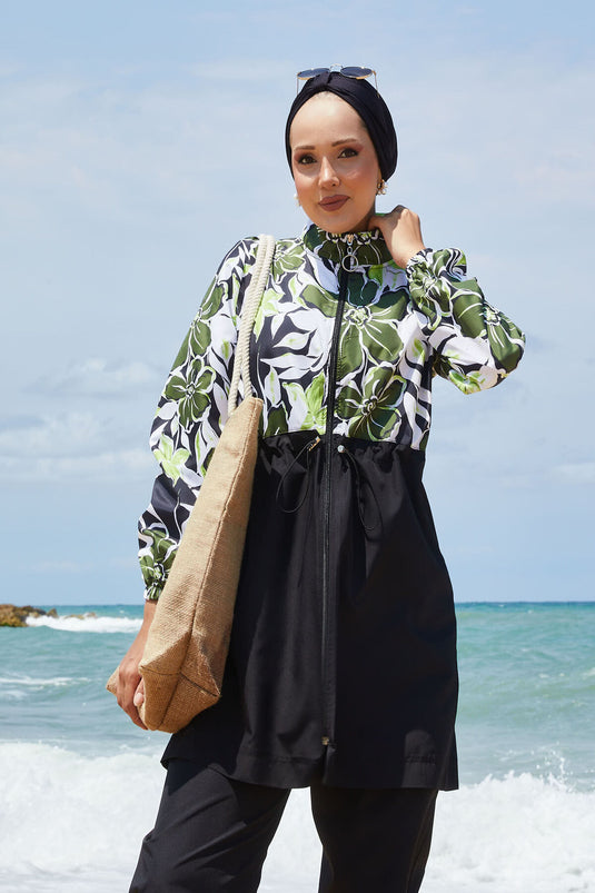 Maillot de bain hijab à motifs floraux avec taille plissée et couleur kaki