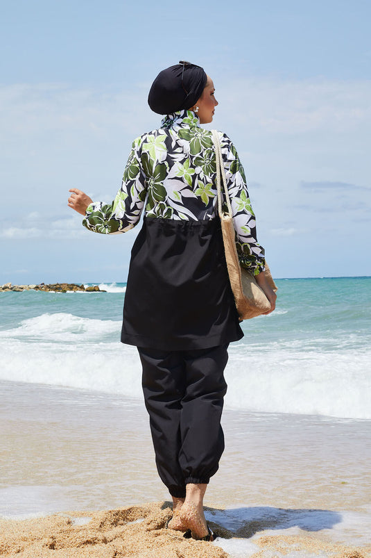 Maillot de bain hijab à motifs floraux avec taille plissée et couleur kaki