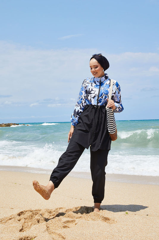 Maillot de bain modeste à motifs floraux avec taille plissée indigo