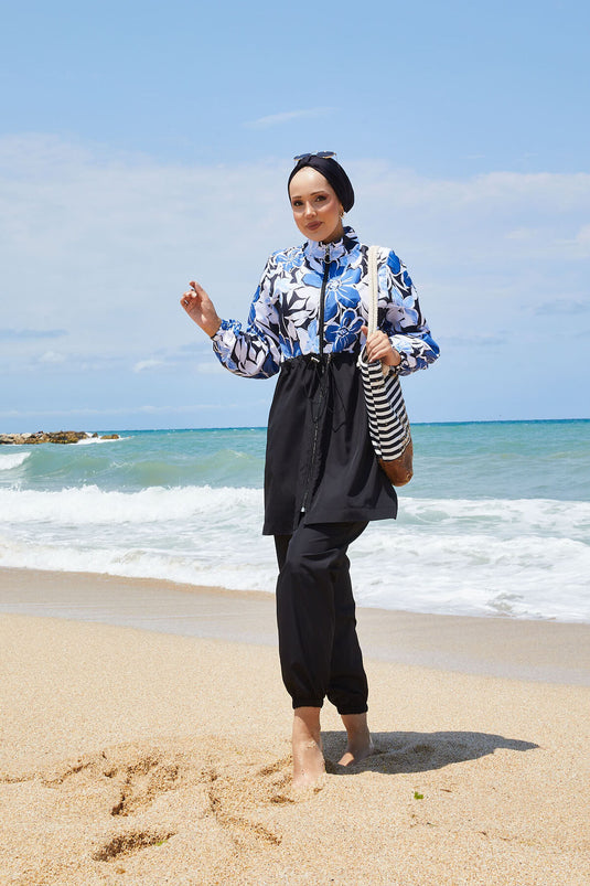 Maillot de bain modeste à motifs floraux avec taille plissée indigo