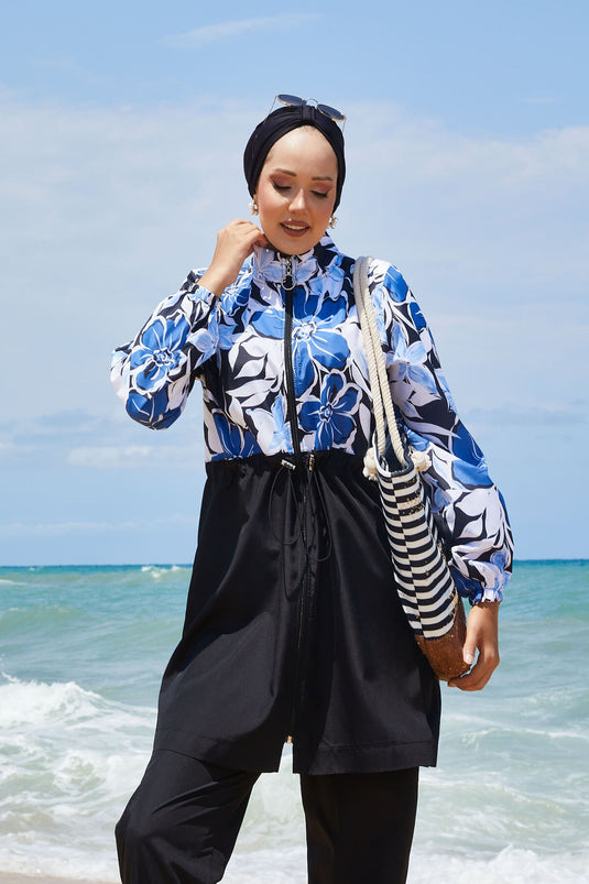 Maillot de bain modeste à motifs floraux avec taille plissée indigo