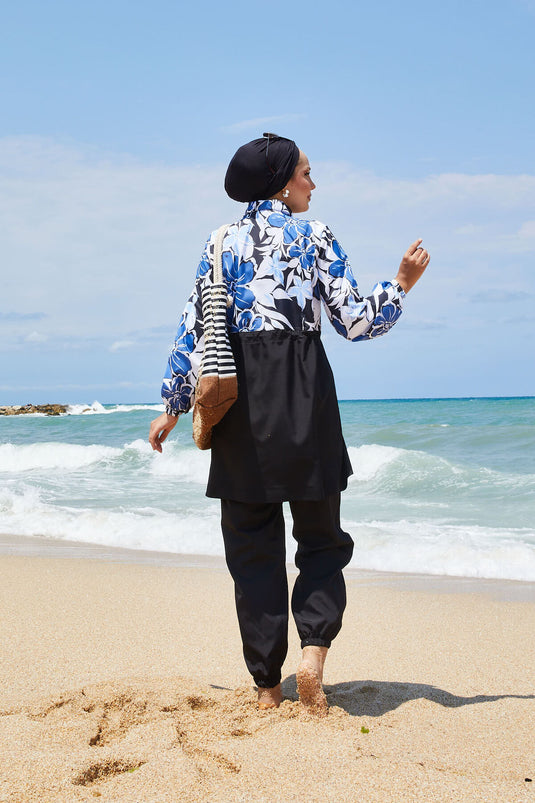 Maillot de bain modeste à motifs floraux avec taille plissée indigo