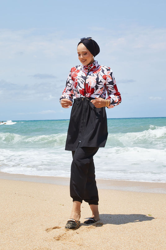 Maillot de bain hijab à motifs floraux avec taille plissée et rouge