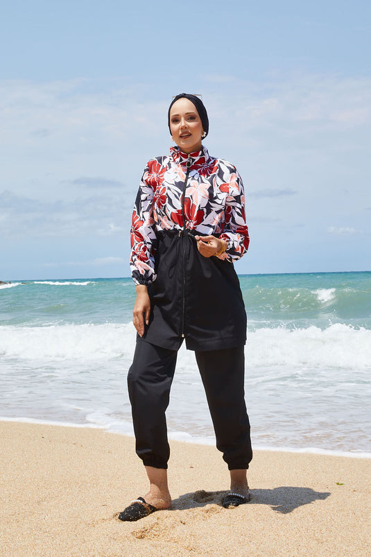 Maillot de bain hijab à motifs floraux avec taille plissée et rouge