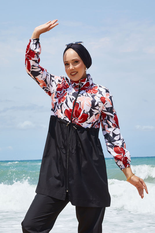 Maillot de bain hijab à motifs floraux avec taille plissée et rouge